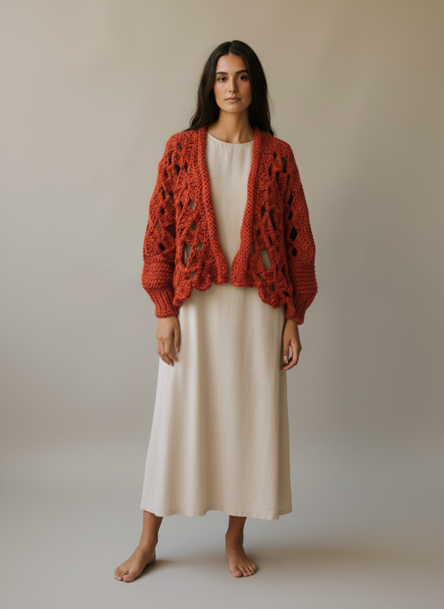 Orange Bloom – Handgemachte Jacke mit floralem Lochmuster und Ballonärmeln