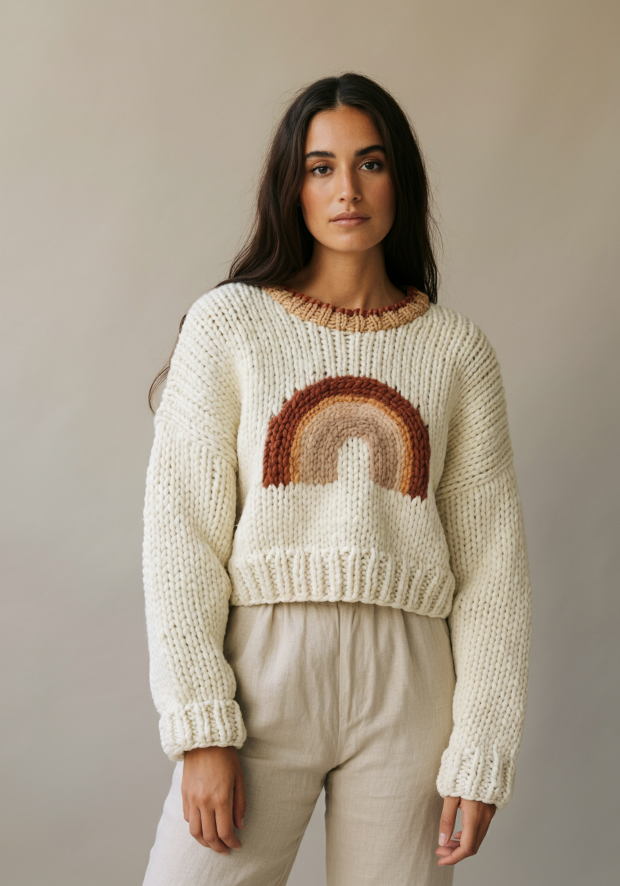 Rainbow Magic – Handgemachter Wollpullover mit Regenbogen-Motiv