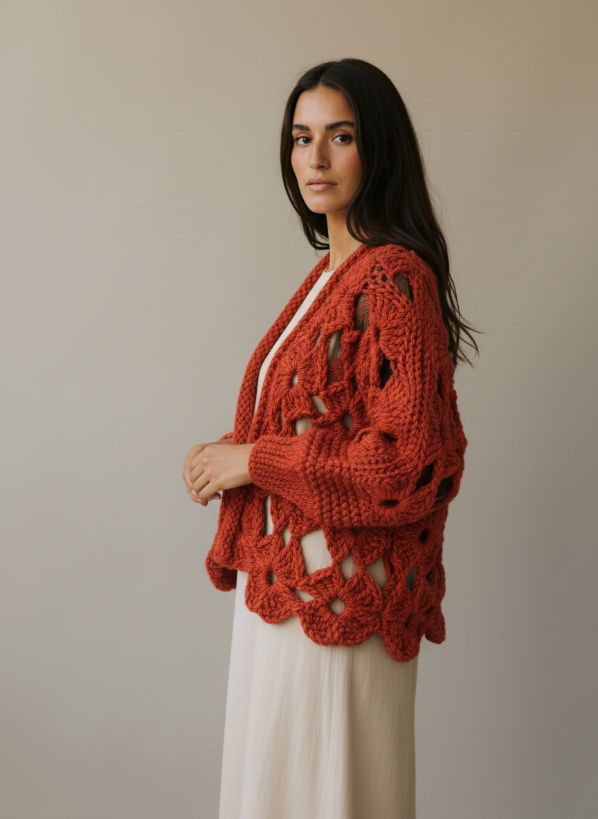 Orange Bloom – Handgemachte Jacke mit floralem Lochmuster und Ballonärmeln
