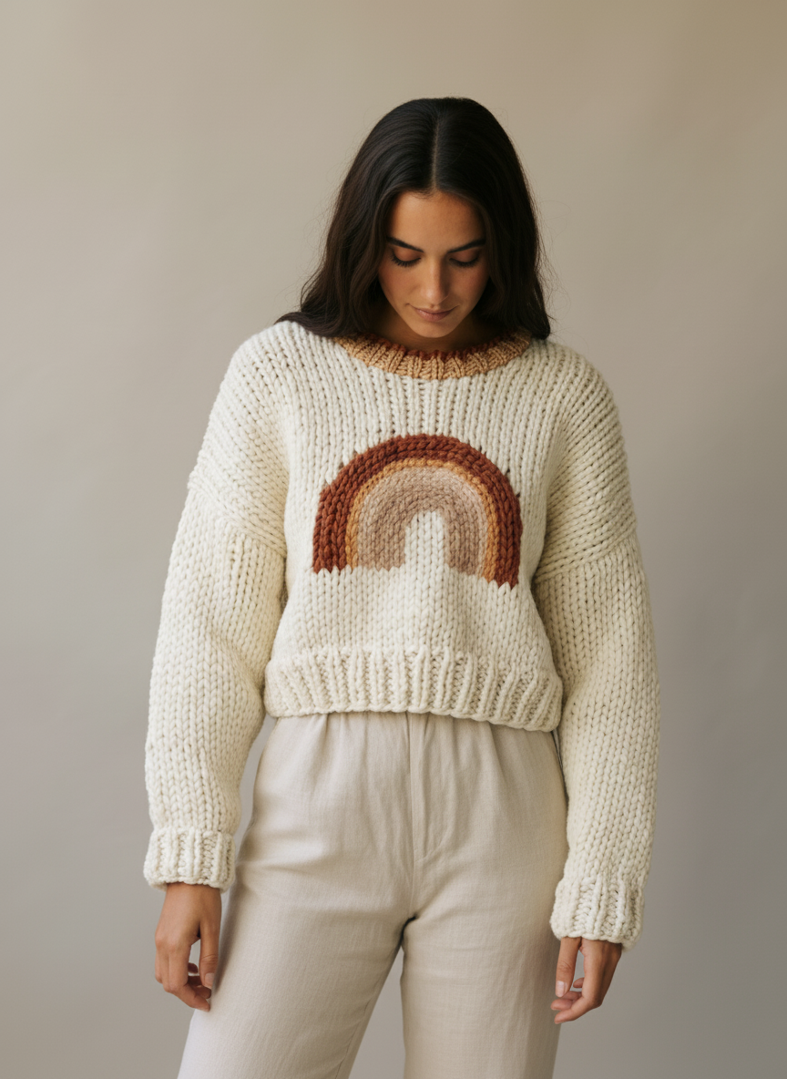 Rainbow Magic – Handgemachter Wollpullover mit Regenbogen-Motiv