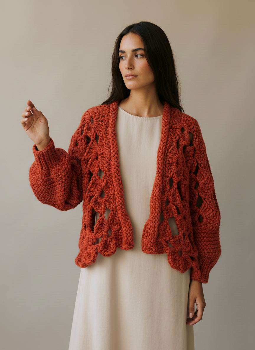 Orange Bloom – Handgemachte Jacke mit floralem Lochmuster und Ballonärmeln