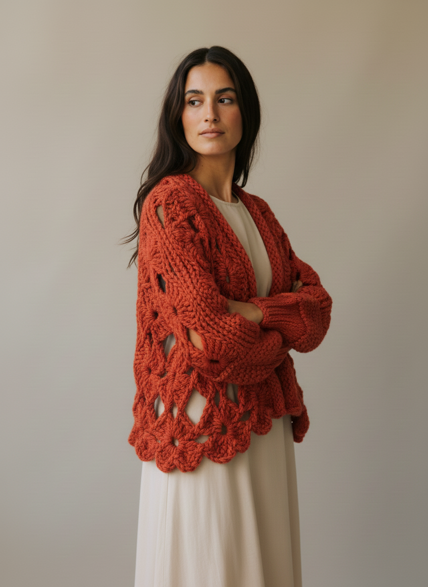 Orange Bloom – Handgemachte Jacke mit floralem Lochmuster und Ballonärmeln