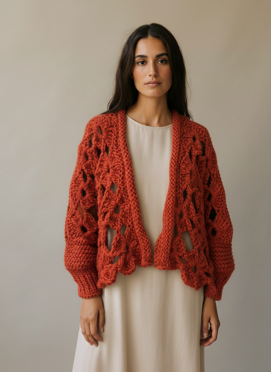 Orange Bloom – Handgemachte Jacke mit floralem Lochmuster und Ballonärmeln