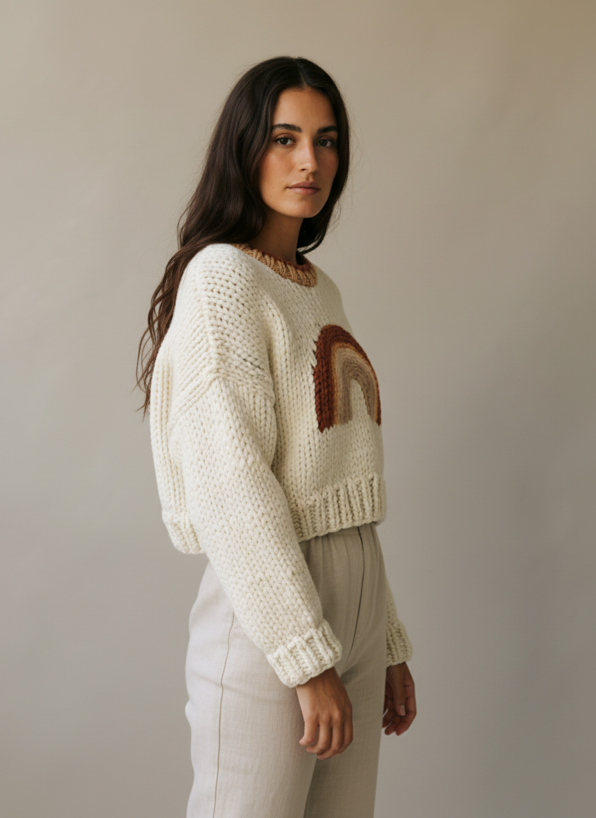 Rainbow Magic – Handgemachter Wollpullover mit Regenbogen-Motiv