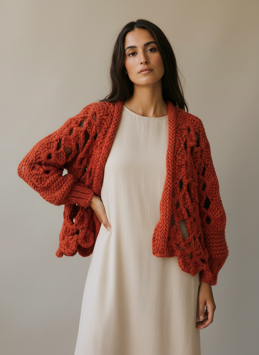 Orange Bloom – Handgemachte Jacke mit floralem Lochmuster und Ballonärmeln