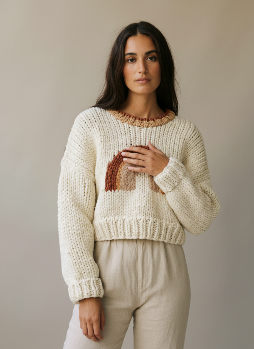 Rainbow Magic – Handgemachter Wollpullover mit Regenbogen-Motiv