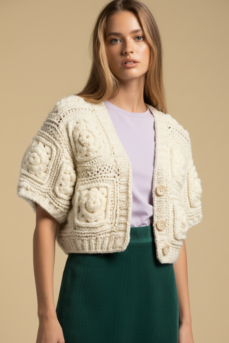 Rose Square - Handgemachte Cropped Kurzarm Jacke mit floraler Oberflächenstruktur