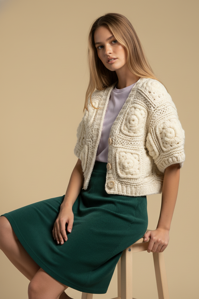 Rose Square - Handgemachte Cropped Kurzarm Jacke mit floraler Oberflächenstruktur