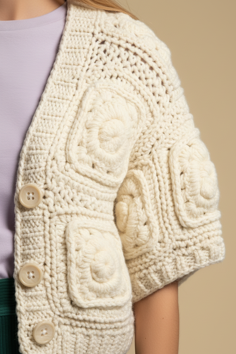 Rose Square - Handgemachte Cropped Kurzarm Jacke mit floraler Oberflächenstruktur