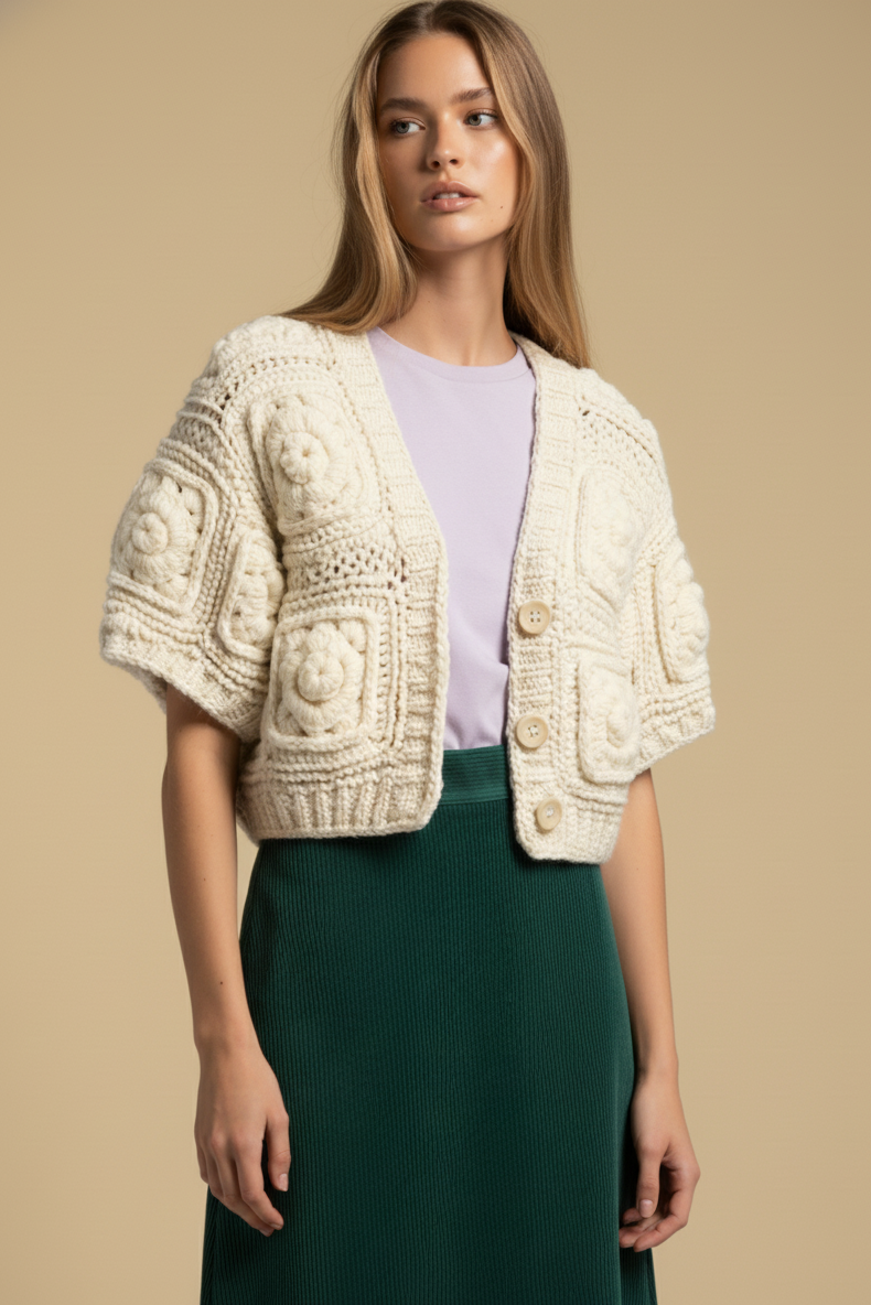 Rose Square - Handgemachte Cropped Kurzarm Jacke mit floraler Oberflächenstruktur